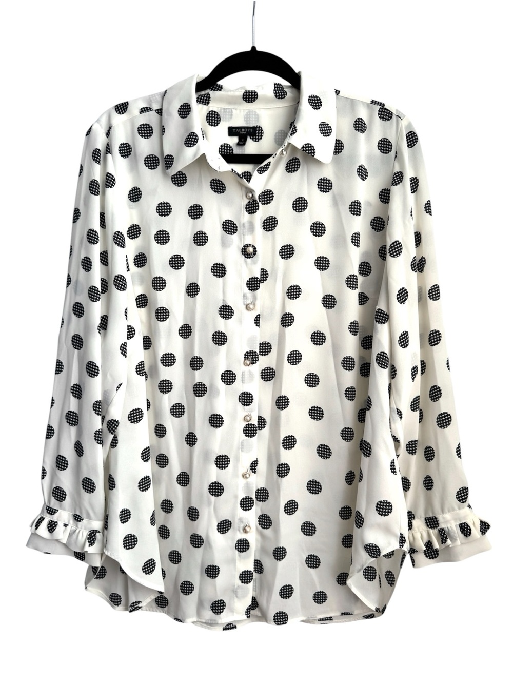 Talbots White Blouse with Black Polka Dot Print, Size XL